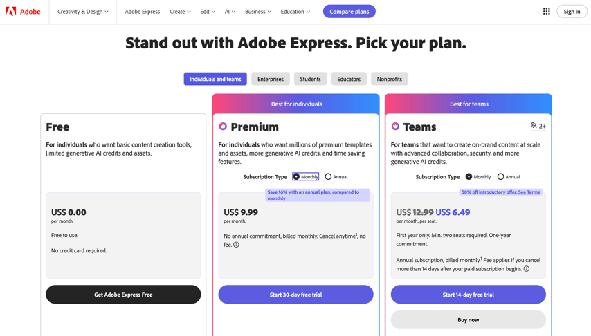 adobe express pricing